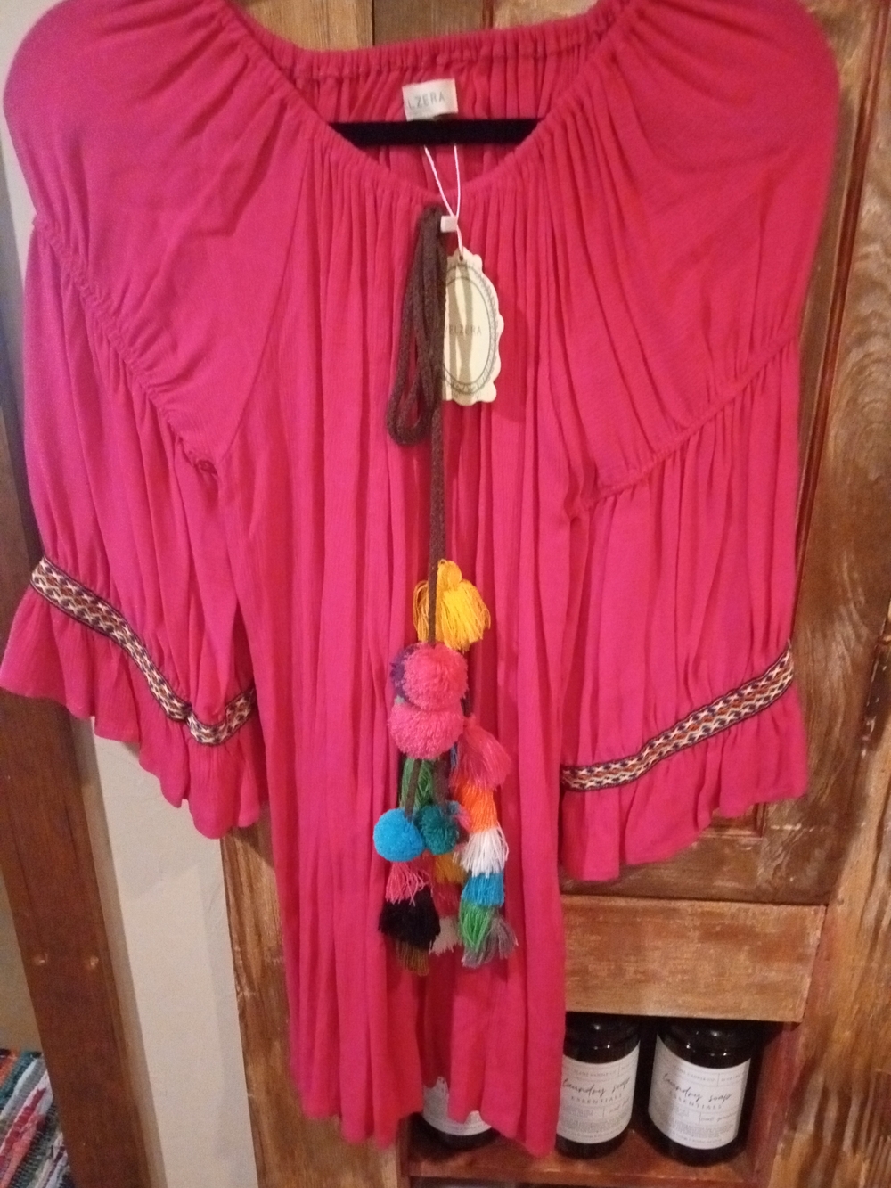 Velzera Hot Pink Boho Tassel Peasant Blouse